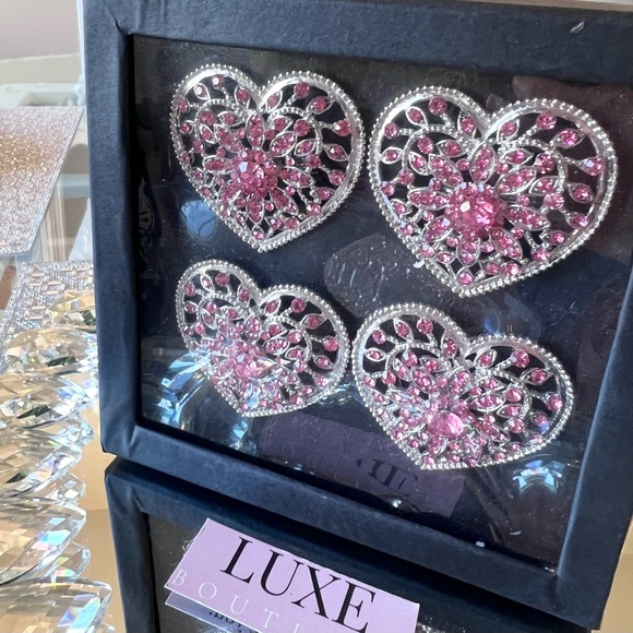 Tahari Rhinestone Crystal Pink Bling Heart Napkin Rings Ring Set Valentine’s
